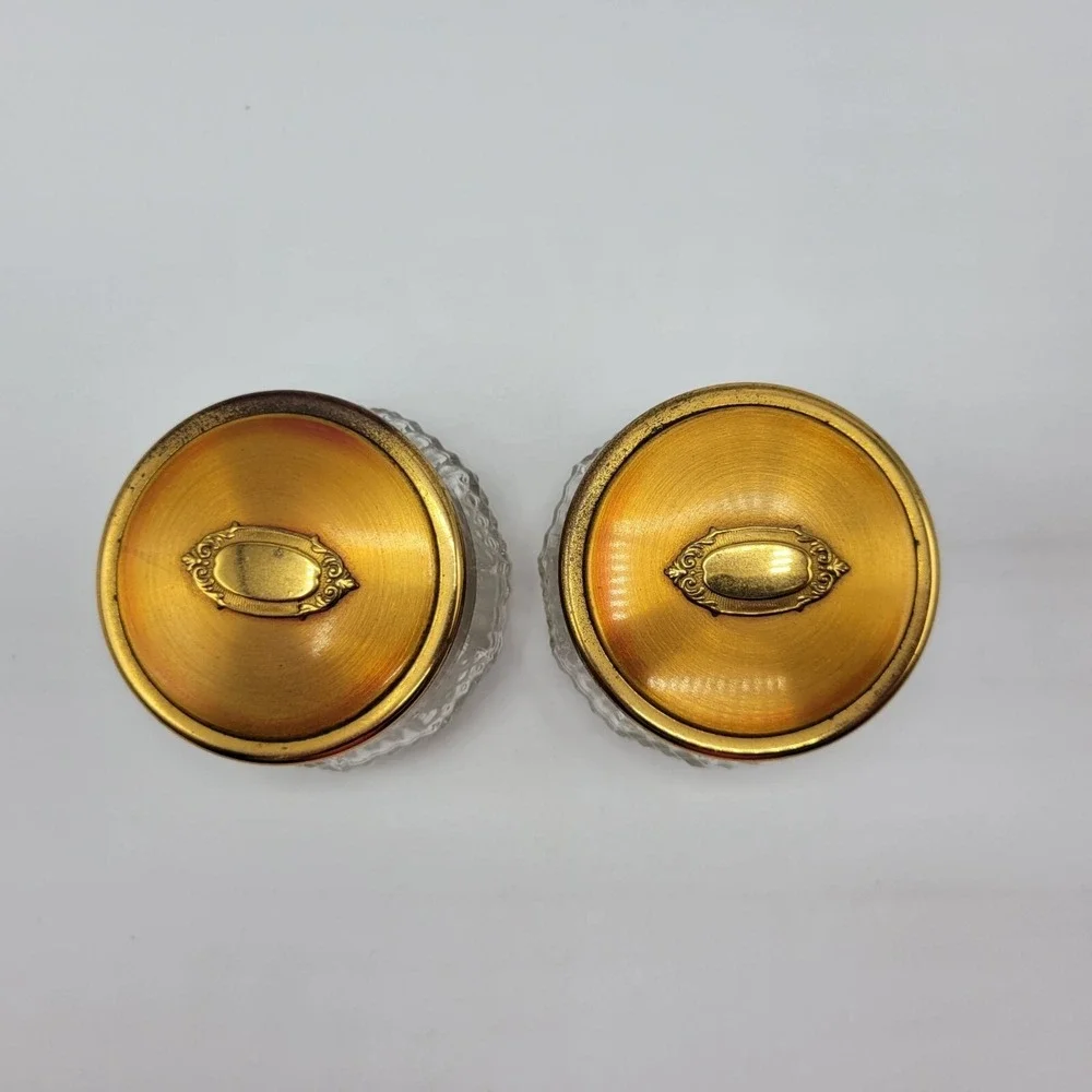 Vintage Art Deco Powder Dresser Glass Trinket Jars With Gold Brass Lids